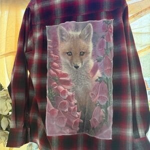 Plaid Fox Print Casual Button Down Shirt
